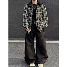 W10429-P65网图现货美式潮流格子休闲长袖穿搭宽松百搭夹克外套，男装夹克，星座1608