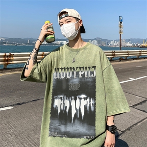 B239-1208-P38 美式 抽象人像个性印花 复古水洗做旧半袖 短袖T恤图片