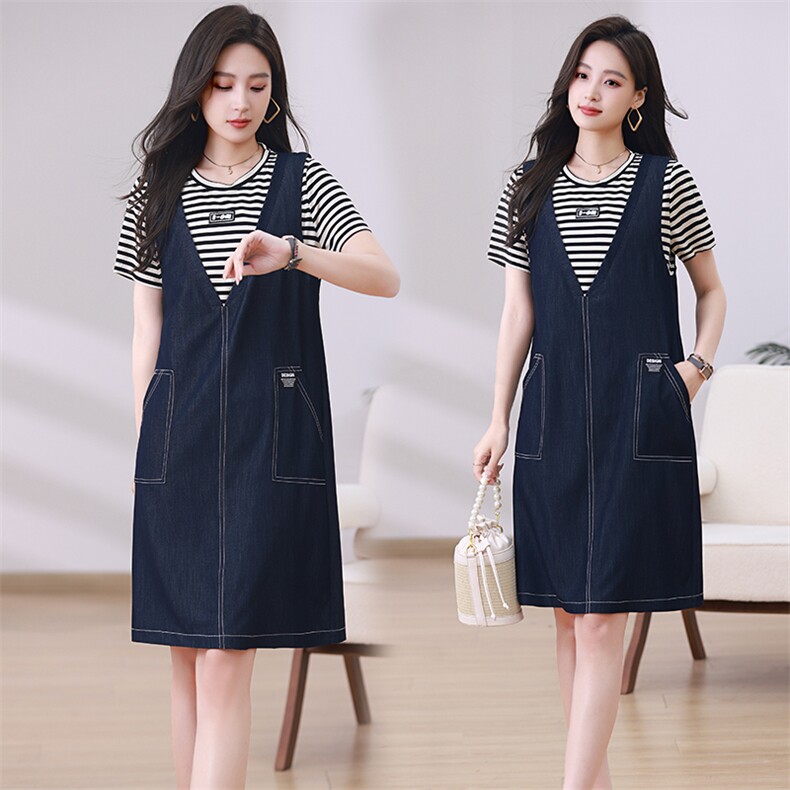 时尚显瘦条纹牛仔背带连衣裙夏季新款百搭减龄女装，女装连衣裙，梦芯尔
