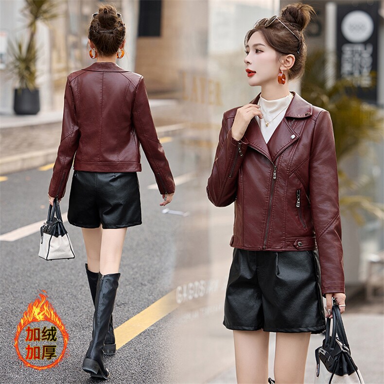 海宁皮衣女2024秋冬修身仿绵羊皮女士短款皮夹克小个子气质皮外套，女装皮衣，潮流依族