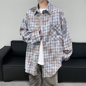 美式撞色炒色工艺格子长袖衬衫男女宽松休闲百搭衬衣CY972-P39图片