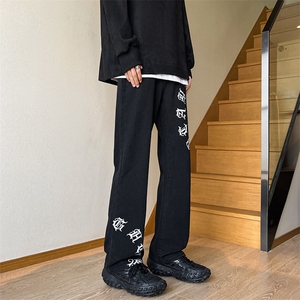 秋冬美式高街微喇叭vibe梵文牛仔裤嘻哈宽松百搭休闲裤男K606-P35图片