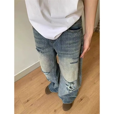 有货。破洞牛仔裤女高街宽松直筒阔腿长裤子RK3400-P41，男装牛仔裤，星座412-3