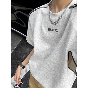 XZ1005-1-TTH0039-P48- 夏季重磅垫肩金属拉链设计感短袖T恤图片