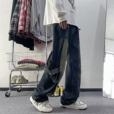 美式高街潮牌青春时尚百搭直筒复古做旧水洗拼接牛仔裤子N410/P54，男装牛仔裤，星座506