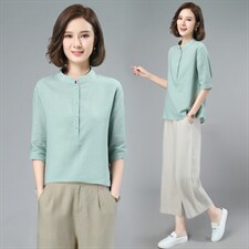 棉麻短袖衬衫女2024新款夏季时尚遮肚子高端苎麻衬衣妈妈薄款上衣，女装套装/套裙，璐依舞