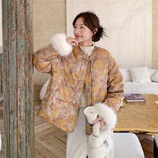 新中式印花羽绒服女2025冬短款毛绒拼接连帽保暖厚外套高级感洋气，女装羽绒服，2D148