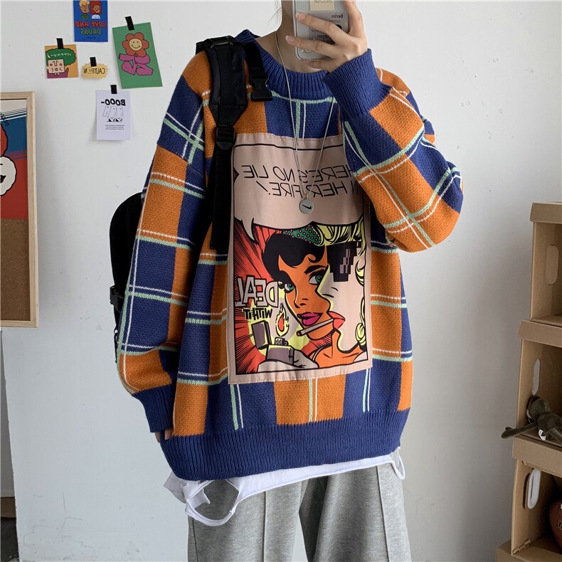 秋冬趣味印花情侣毛衣韩版宽松潮流格男女套头ins针织衫T810-P80图片