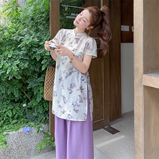 新中式国风套装女2025年夏季新款清冷感改良旗袍上衣阔腿裤两件套，女装套装/套裙，浙宝305