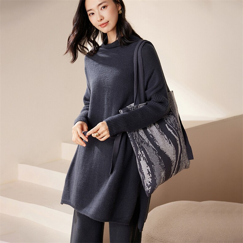 秋冬新款高领开叉纯山羊绒针织衫女士慵懒风毛衣针织长裙大码，女装羊绒衫，江帆羊绒