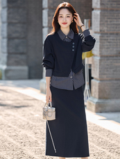 时尚套装女2025秋新款减龄假两件衬衫拼接马甲垂感半身裙两件套，女装套装/套裙，流量+