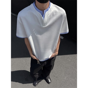 抖音品质夏季新款美式假两件立领宽松短袖B315-ST003-特p25控48图片