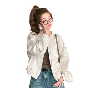 米白色设计感花边短款外套女2025初春新款韩版时尚小个子减龄上衣图片