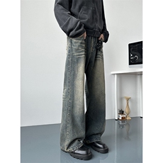 美式复古潮牌痞帅牛仔裤男扎染工装阔腿高街显瘦弯刀长裤P55，男装牛仔裤，星座610B-1