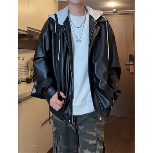 春季新款 QM2639-TP6598 青少年男女可穿休闲宽松连帽皮夹克图片