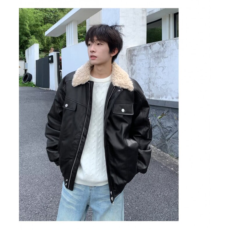 翻领pu皮棉服男冬季加厚美式拼接摇粒绒工装棉衣外套图片