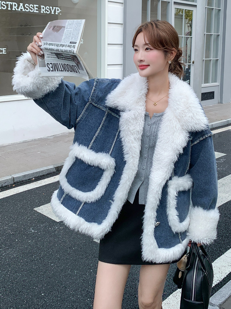 新款牛仔拼接羊羔毛夹棉休闲风复古短外套-棉-5073-P215-K308,女装棉衣/棉服,2B190