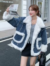 新款牛仔拼接羊羔毛夹棉休闲风复古短外套-棉-5073-P215-K308，女装棉衣/棉服，2B190