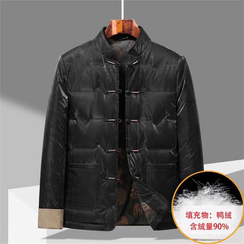 中老年唐装90绒羽绒服男士复古盘扣风羽绒服外套中式唐装，男装羽绒服，钱塘723