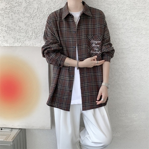 衬衫男秋季新款港风宽松大码刺绣格子衬衣CS121-P35图片