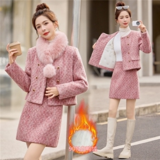 2026年冬季新款小香风粗花呢高级法式套装90羽绒服真狐狸毛领子，女装套装/套裙，小九月
