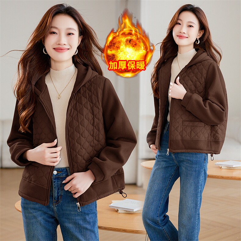 菱格休闲夹棉外套女2024冬季新款小个子连帽拼接加厚保暖棉衣棉服，女装棉衣/棉服，文熹诺