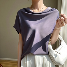 法式设计感荡领短袖t恤女宽松醋酸缎面显瘦气质高级感内搭薄背心，女装衬衫，素语电商供货