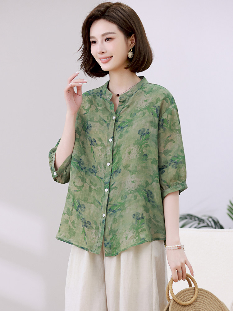 文艺复古立领碎花苎麻衬衫2024夏季新款薄款亚麻开衫大码显瘦上衣，女装衬衫，忆绮罗