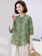 文艺复古立领碎花苎麻衬衫2024夏季新款薄款亚麻开衫大码显瘦上衣,女装衬衫,忆绮罗, 文艺复古立领碎花苎麻衬衫2024夏季新款薄款亚麻开衫大码显瘦上衣,女装衬衫,忆绮罗,