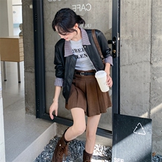 黑色假两件皮衣外套女2025年秋季新款韩系设计感休闲短款pu皮夹克，女装套装/套裙，2D148