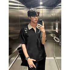 得物抖音高品质二开夏季美式潮牌假两件格子衬衫翻领高街短袖T恤，男装T恤，电商A486