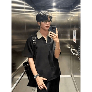 得物抖音高品质二开 夏季美式潮牌假两件格子衬衫翻领高街短袖T恤图片