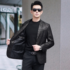 春秋款男士皮衣商务西服金牙签印花绵羊皮外套休闲男装夹克图片