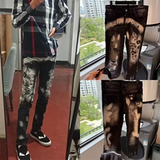 1506/QZK3190/P54牛仔裤男破洞泼墨个性时尚修身裤欧美风jeans潮，男装牛仔裤，星座1506