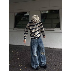 A195-P52美式复古条纹长袖T恤男女学院慵懒风扎染圆领卫衣，男装T恤，电商B323A