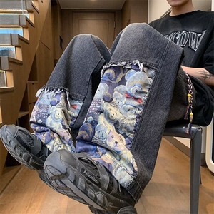 美式复古微喇牛仔裤男2024新款潮牌高街国风小熊刺绣设计感休闲裤图片