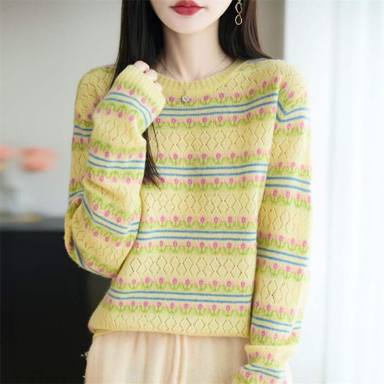 25秋冬圆领提花100%纯羊毛衫女拼色镂空钩花羊绒长袖套头针织上衣,女装羊毛衫,大美人包芯纱店