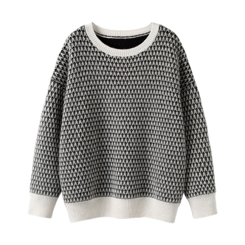 2025秋冬新款女羊绒衫100%纯山羊绒加厚宽松套衫圆领拼色羊绒套衫，女装羊绒衫，温达纯山羊绒