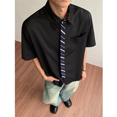 重合领带拼接老钱风格子短袖衬衫叠穿条纹白衬衫B289-CS2537特40，男装T恤，电商B289