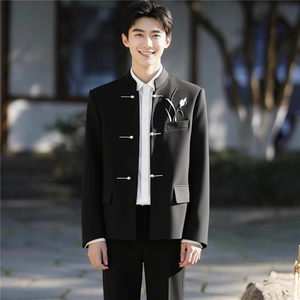 新中式立领中山装风竹子刺绣时尚西装外套男生穿搭唐装西服图片