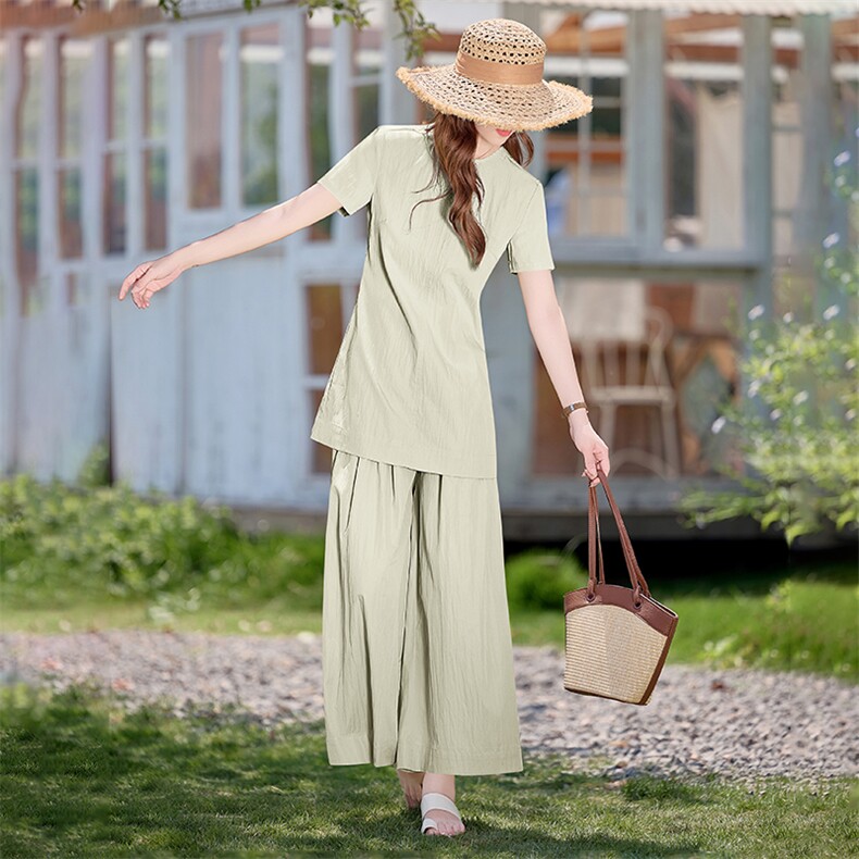 时尚简约休闲套装女2026夏新款气质减龄显瘦短袖上衣阔腿裤两件套,女装套装/套裙,水衣源