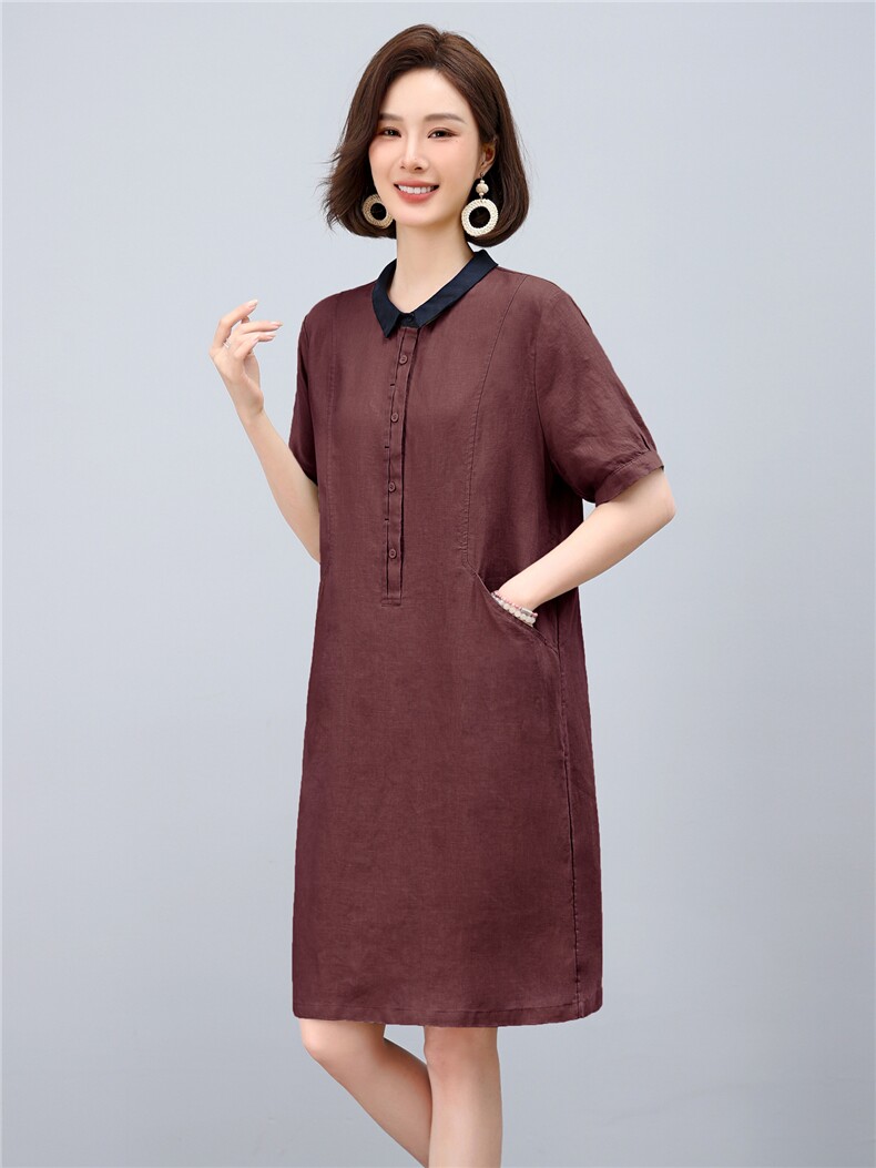 2025年夏季优雅气质天丝亚麻小翻领半开时尚休闲连衣裙,女装连衣裙,依恋蒂丝