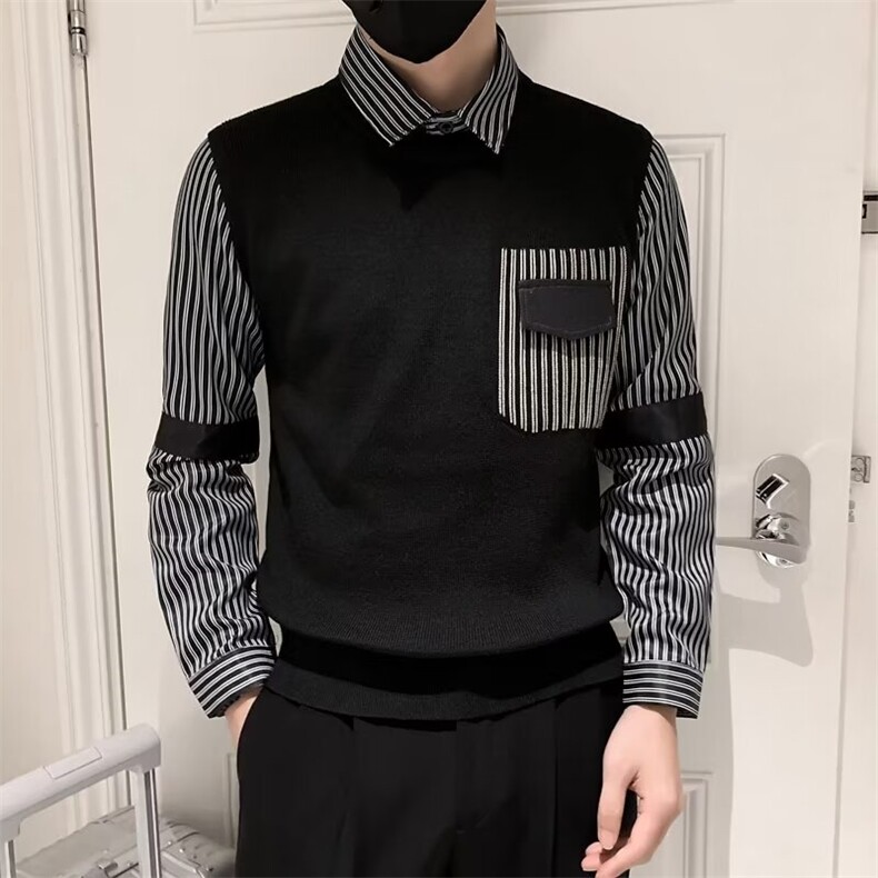 冬季衬衫领毛衣男士假两件针织衫条纹拼接宽松潮流打底Q141,男装针织衫/毛衣,星座1116A-2（原606A-1）