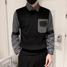 冬季衬衫领毛衣男士假两件针织衫条纹拼接宽松潮流打底Q141，男装针织衫/毛衣，星座1116A-2（原606A-1）