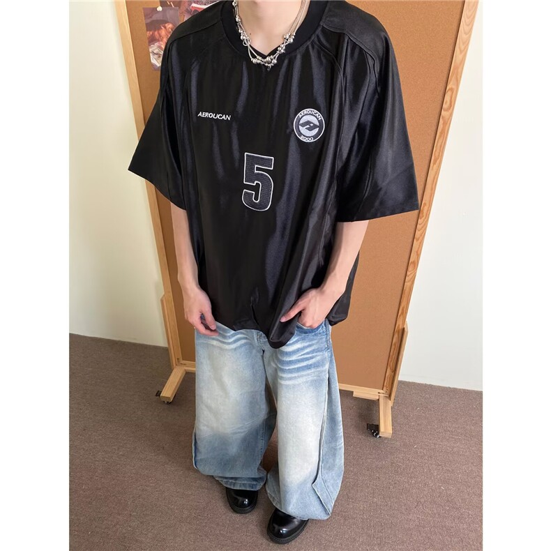 美式街头嘻哈复古短袖球服T恤男夏季暗黑刺绣字母宽松廓形上衣服,男装T恤,星座506A