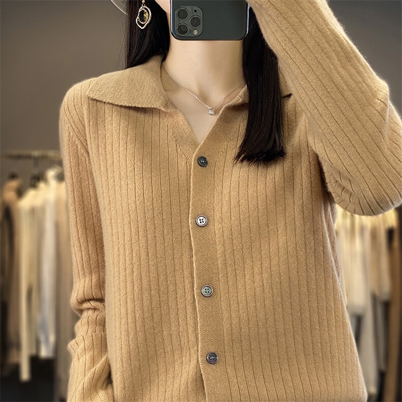 鄂尔多斯市春秋新款翻领100羊毛针织开衫外套女时尚薄外搭毛衣,女装羊毛衫,盛鼎羊绒