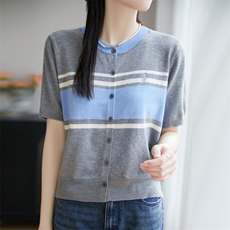 2025春季新款女士圆领刺绣撞色条纹细羊毛针织开衫宽松短袖上衣，女装蕾丝衫/雪纺衫，菲奥羊绒