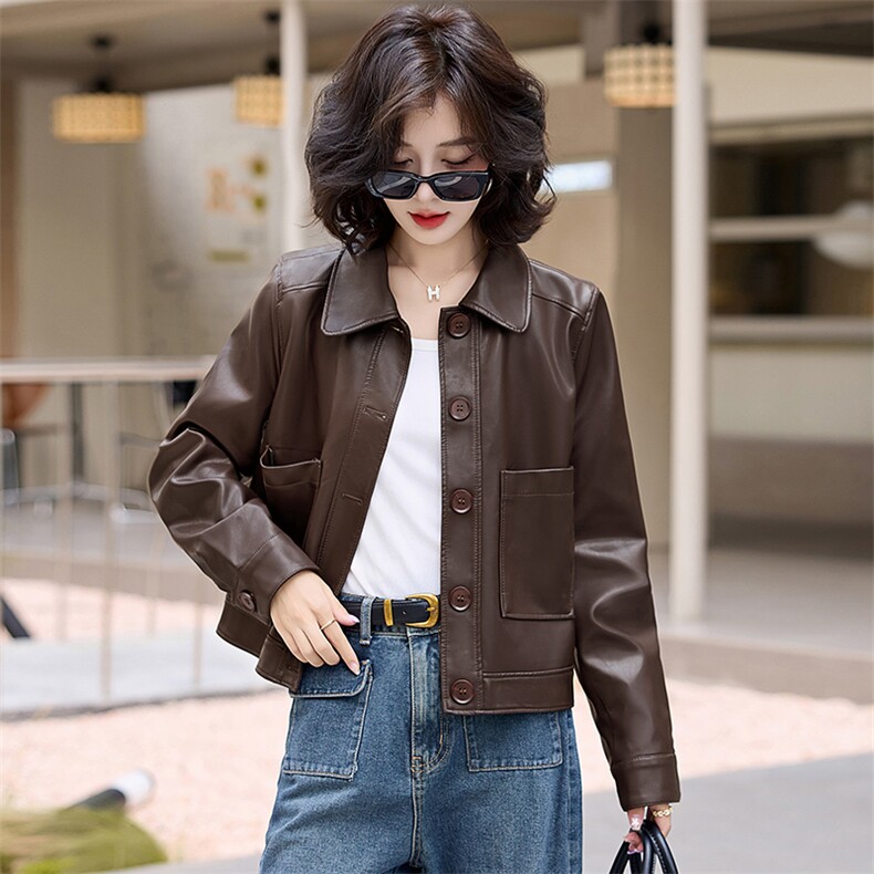 现货新款海宁皮衣女短款高级仿绵羊皮长袖时尚翻领夹克外套春秋，女装皮衣，美拉德工厂直营店