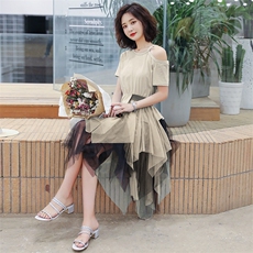 连衣裙2021年夏季网纱松紧腰时尚简约个性潮流中长款，女装连衣裙，天丝秀