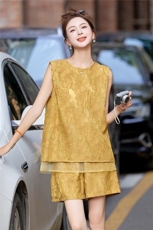 高级感时尚提花无袖套装女2025夏新款休闲气质减龄背心短裤两件套，女装套装/套裙，尚娜萱